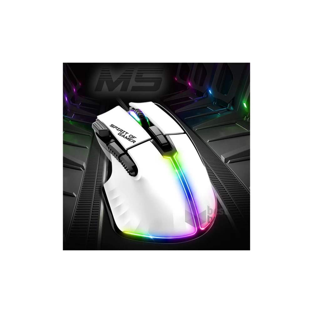Spirit of Gamer PRO-M5 Arctic (Optikai, 12800DPI, 1000Hz, 8 gomb, harisnyázott kábel) fehér egér
