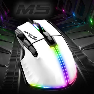 Spirit of Gamer PRO-M5 Arctic (Optikai, 12800DPI, 1000Hz, 8 gomb, harisnyázott kábel) fehér egér