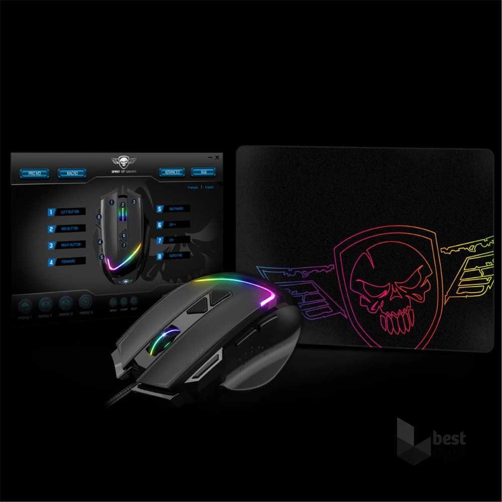 Spirit of Gamer PRO-M3 RGB 7200DPI fekete gamer egér + egérpad