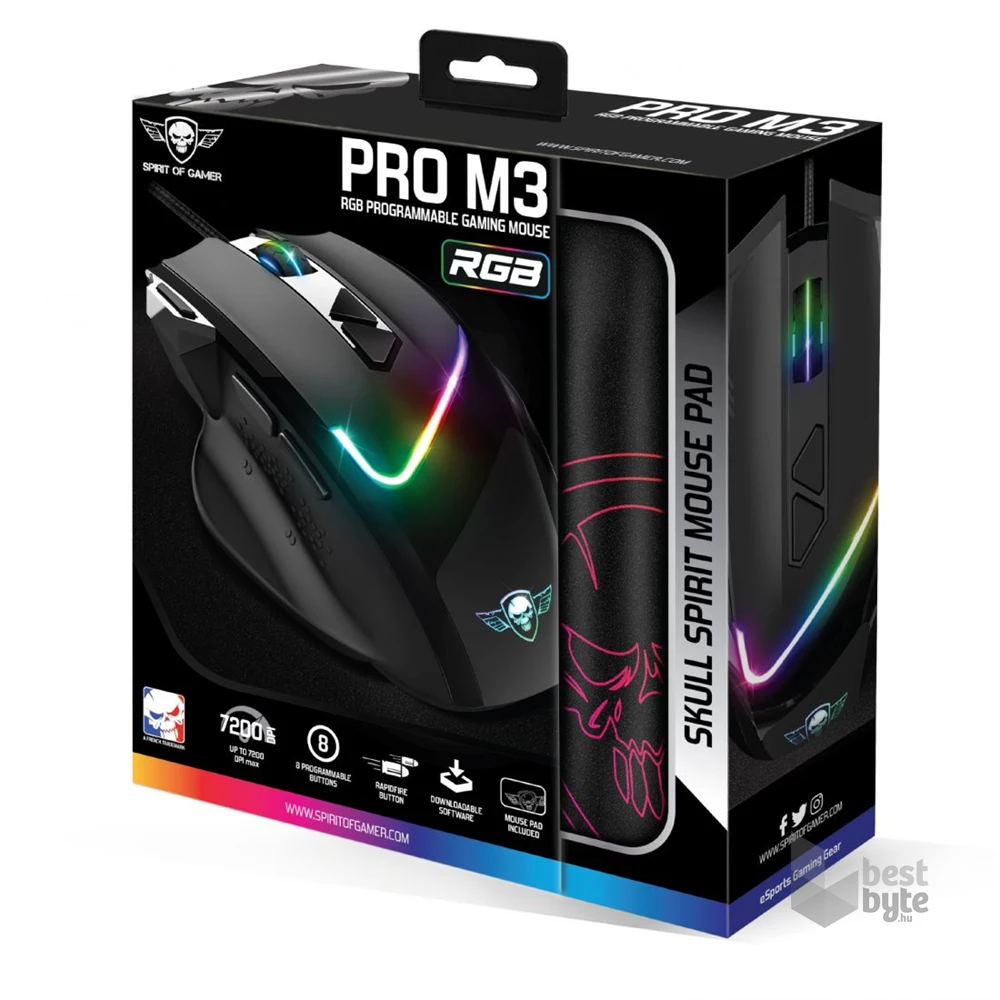 Spirit of Gamer PRO-M3 RGB 7200DPI fekete gamer egér + egérpad