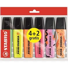 Stabilo BOSS ORIGINAL 4 különböző fluoreszkáló szín + 2 db AJÁNDÉK Ju Schnee Limited Edition szövegkiemelő(Használt - B)