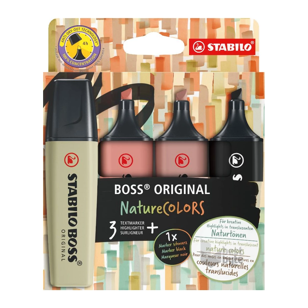 Stabilo BOSS ORIGINAL NatureCOLORS  4 db-os (sárzöld, vörösbarna, sötétbarna, fekete) szövegkiemelő készlet