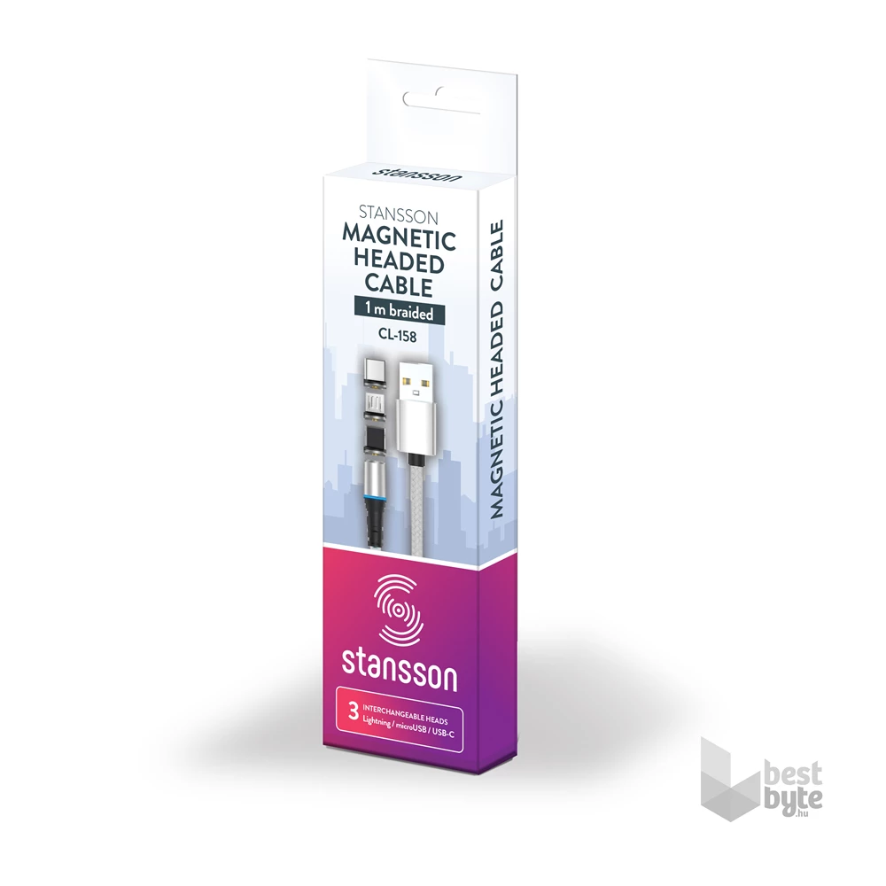 Stansson 1m 3in1 mágneses fejű microUSB/Type-C/Lightning fonott kábel