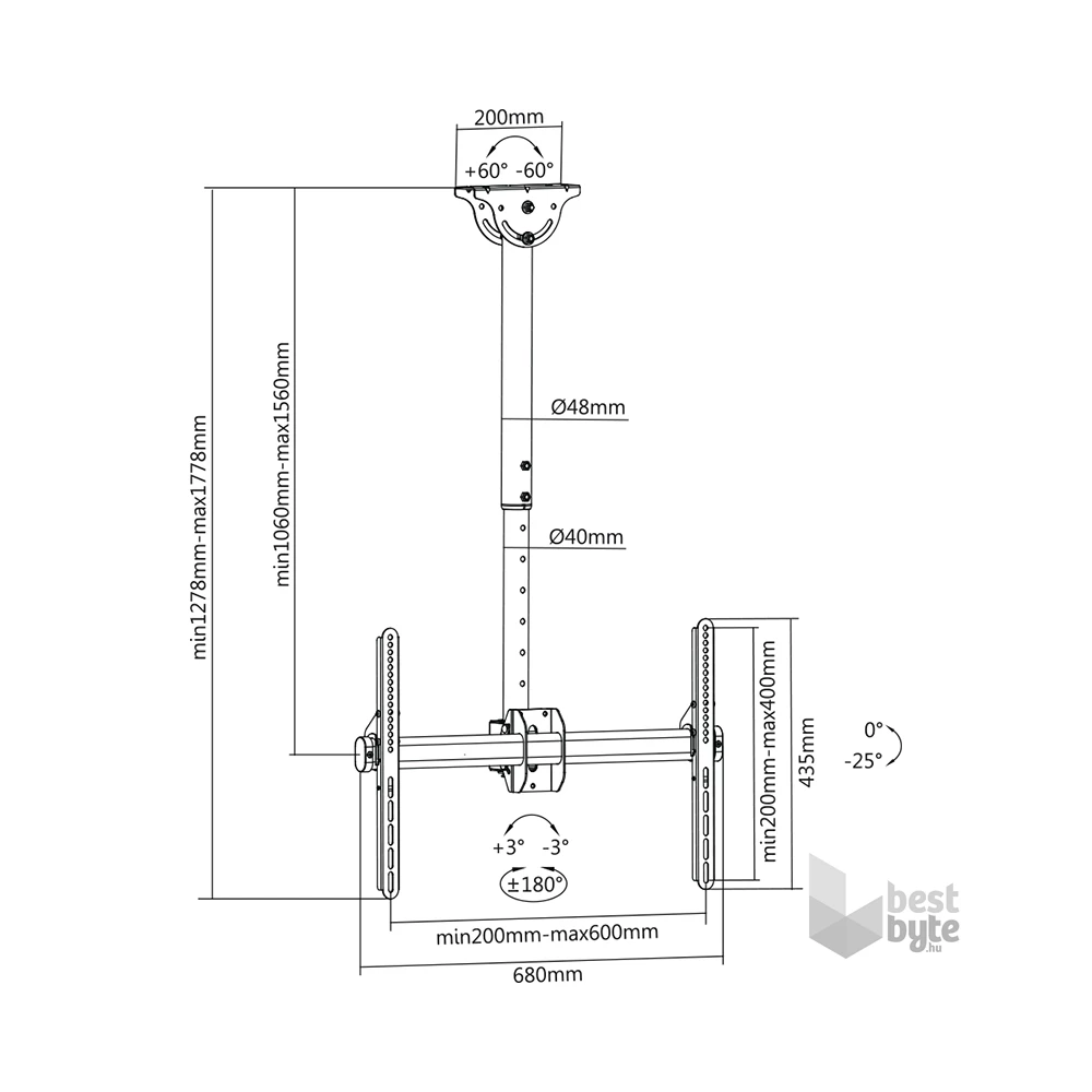 Stell SHO 3900 Single 40"-70" VESA 600x400 dönthető, forgatható mennyezeti TV tartó