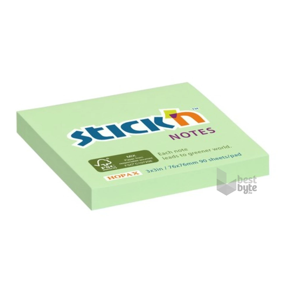 Stick`N 76x76mm 90lap környezetbarát pasztell zöld jegyzettömb