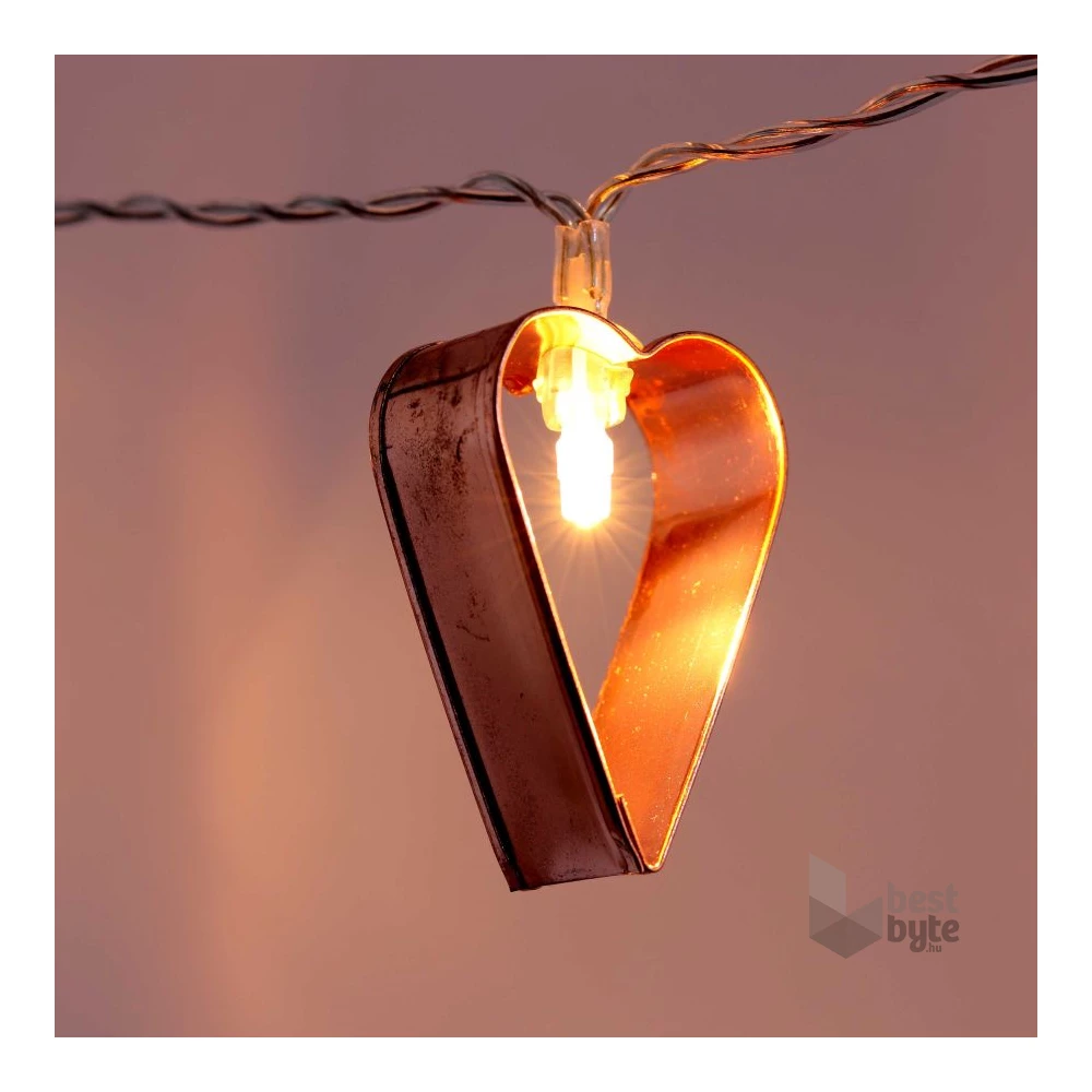 Szív alakú fém/2m/meleg fehér/10db LED-es/3xAA elemes fényfüzér, fénydekoráció