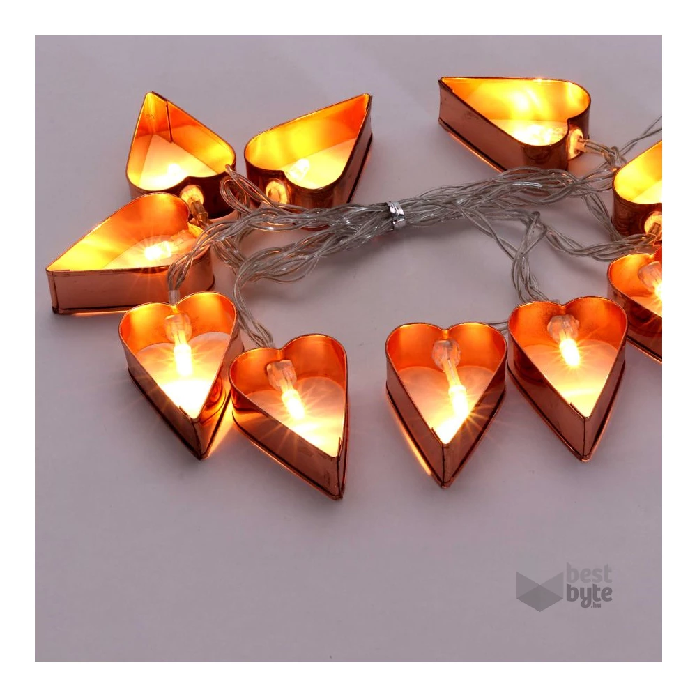 Szív alakú fém/2m/meleg fehér/10db LED-es/3xAA elemes fényfüzér, fénydekoráció