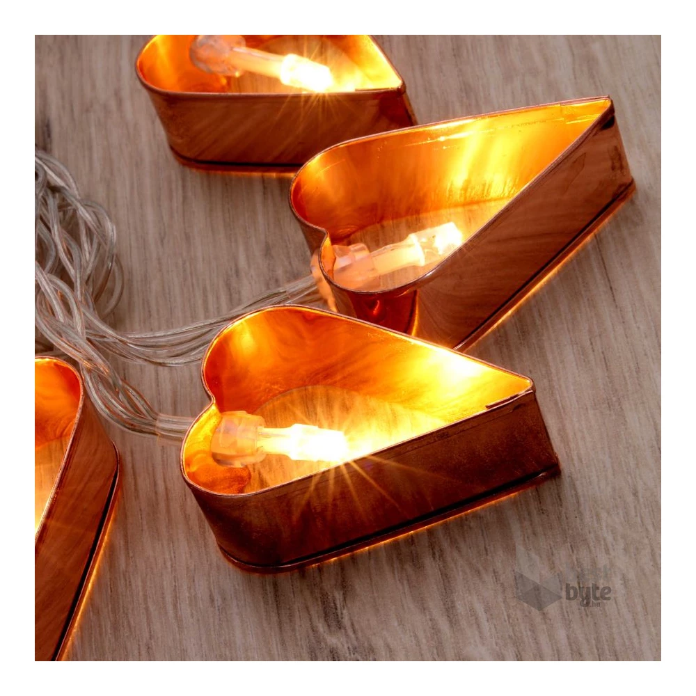 Szív alakú fém/2m/meleg fehér/10db LED-es/3xAA elemes fényfüzér, fénydekoráció