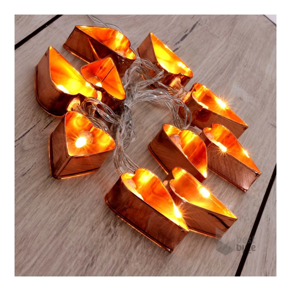 Szív alakú fém/2m/meleg fehér/10db LED-es/3xAA elemes fényfüzér, fénydekoráció