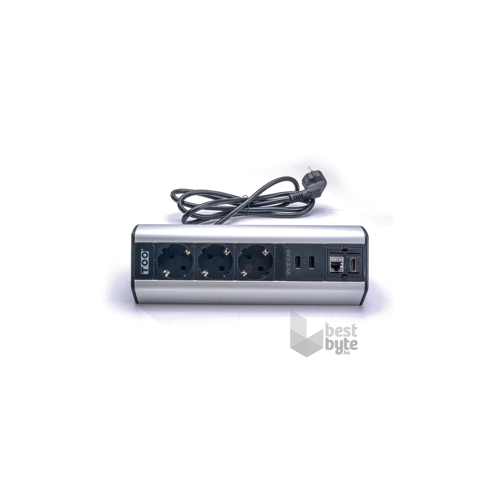TOO DPS-114-3S IP20,3x 2P+F,2x USB-A,RJ45,HDMI, ezüst, asztalra rögzíthető elosztó