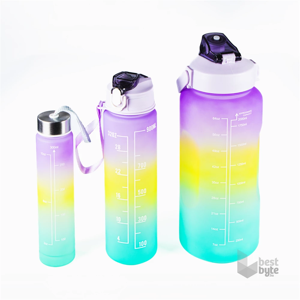 TOO KT-399 3in1 kulacs, 2.000ml+900ml+280ml-es színátmenetes motivációs kulacs idézetekkel és időskálával