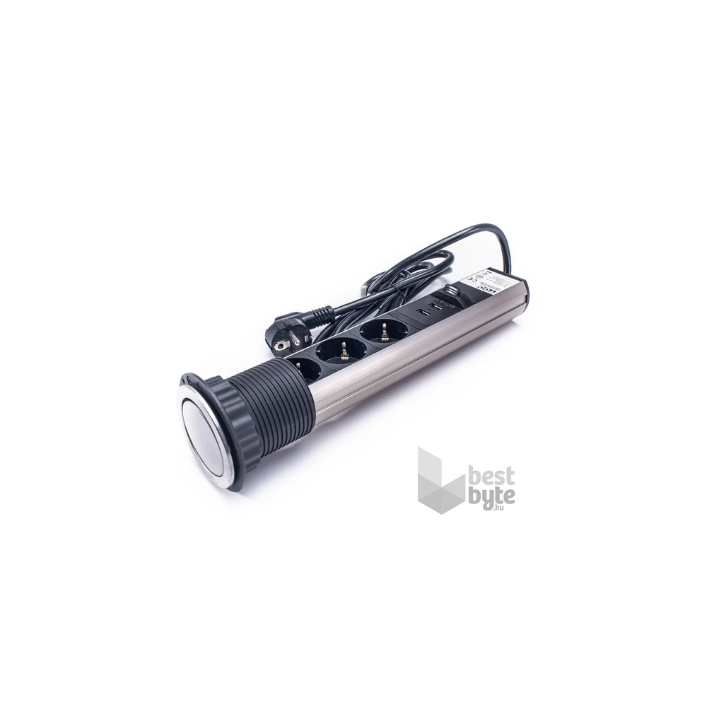 TOO PPS-306-3BR IP20, 3x 2P+F, 2x USB-A, szálcsiszolt asztalba süllyeszthető elosztó