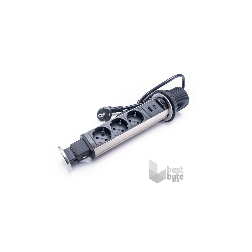 TOO PPS-306-3BR IP20, 3x 2P+F, 2x USB-A, szálcsiszolt asztalba süllyeszthető elosztó