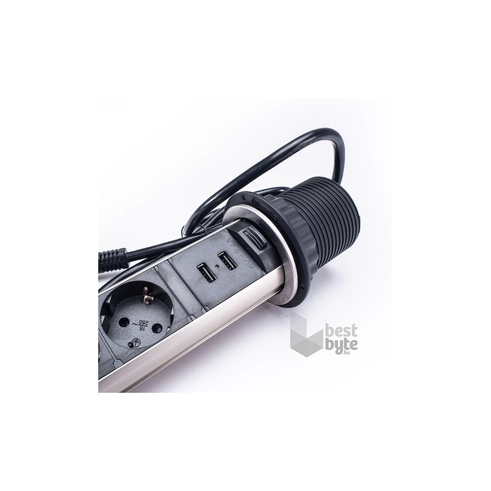 TOO PPS-306-3BR IP20, 3x 2P+F, 2x USB-A, szálcsiszolt asztalba süllyeszthető elosztó