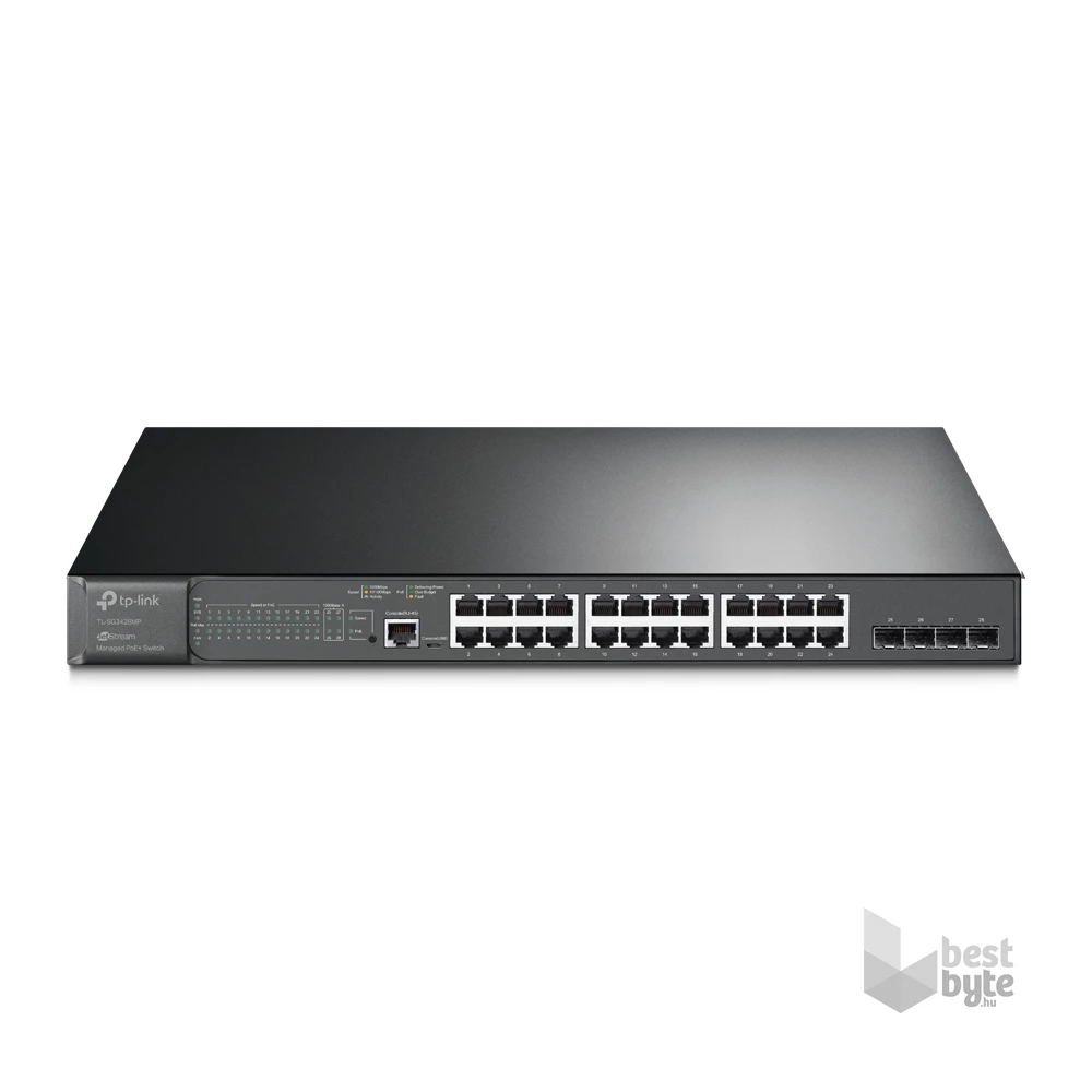 TP-Link TL-SG3428MP JetStream 24xGbE PoE+ LAN 4xGbE SFP port L2+ menedzselhető PoE switch