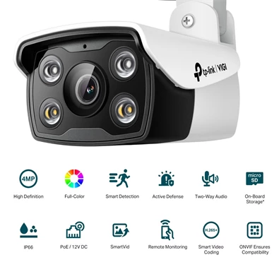 TP-Link VIGI C340 /4MP/6mm/kültéri/H265/IR30m/SD/Smart Detection/kétirányú hang/Full-Color IP csőkamera