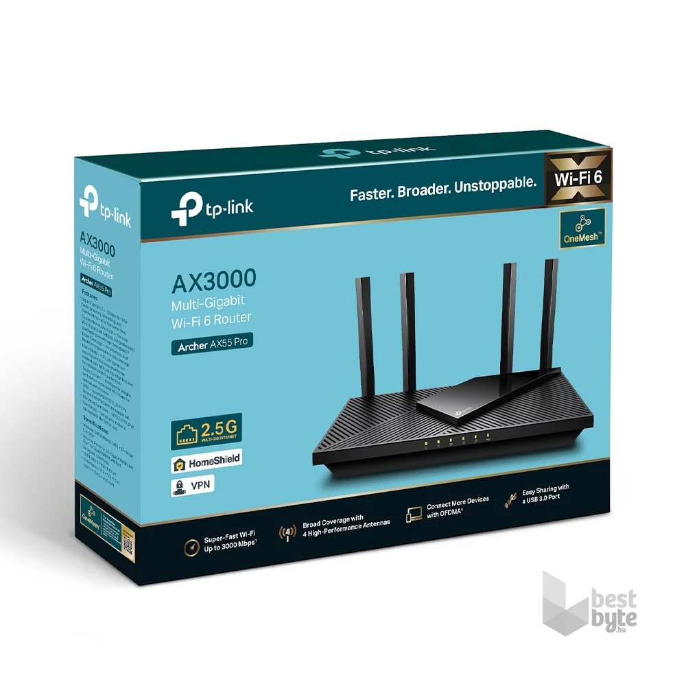 TP-Link Archer AX55 Pro AX3000 fekete multi-Gigabit Wi-Fi 6 router