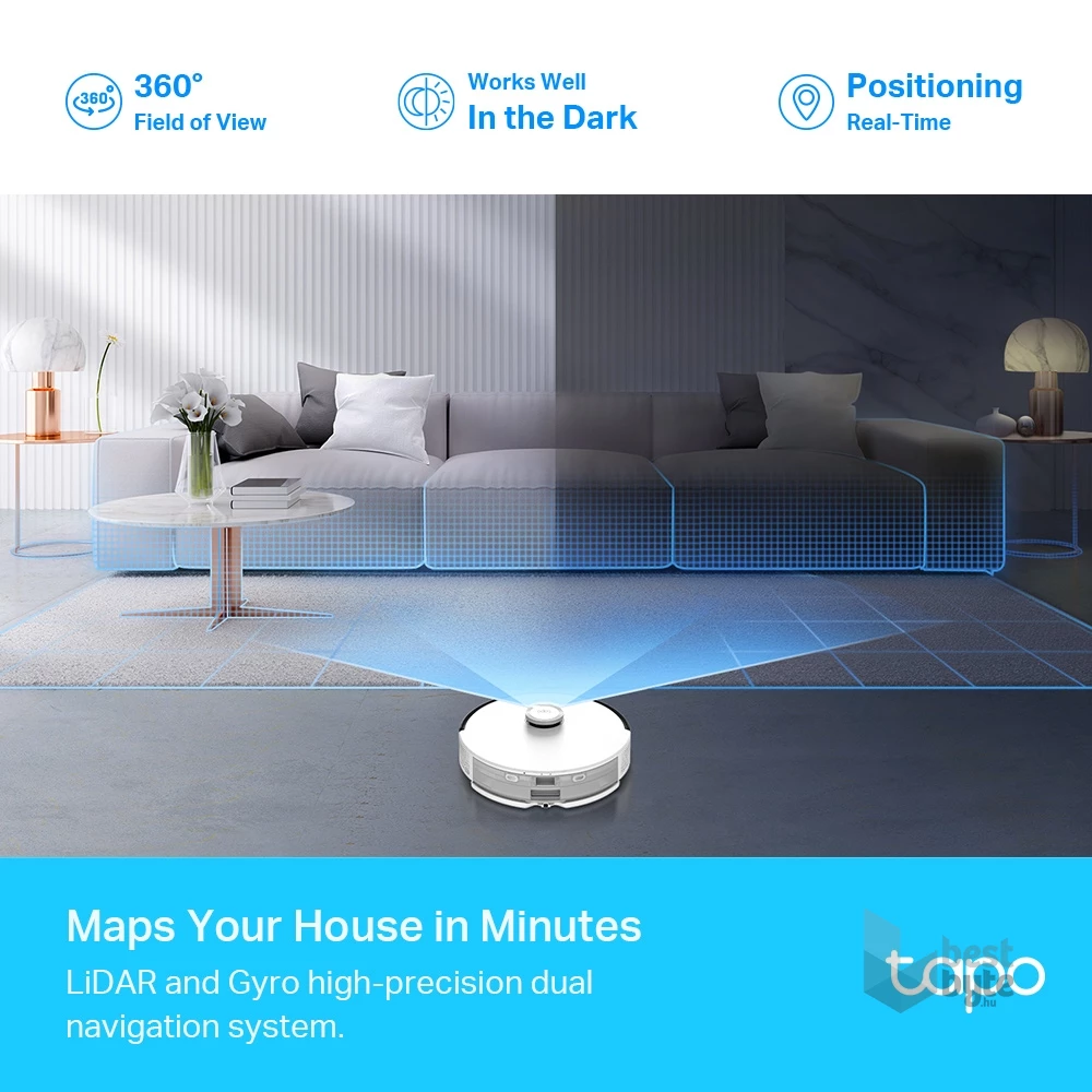 TP-Link Tapo RV30 Plus LiDAR navigációs robotporszívó és felmosó intelligens automatikus ürítő dokkolóval