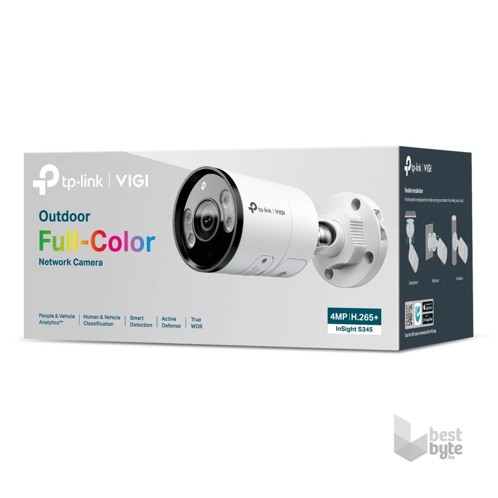 TP-Link VIGI InSight S345(4mm) /Kültéri/4MP/4mm/IR/LED30m/FullColor/Smart/fém ház/ Duál megvilágítású IP csőkamera