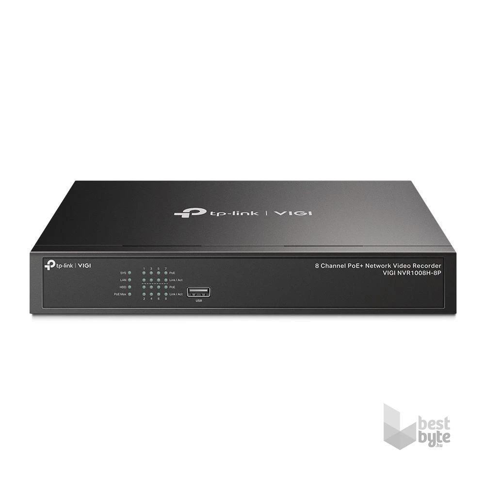 TP-Link VIGI NVR1008H-8P /8 csatorna/H265+/80Mbps rögzítés/1x SATA/8x PoE+ (53W) hálózati rögzítő (NVR)