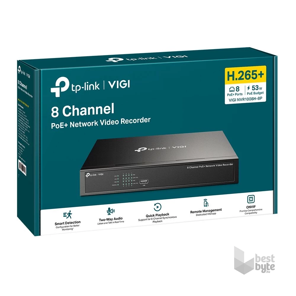 TP-Link VIGI NVR1008H-8P /8 csatorna/H265+/80Mbps rögzítés/1x SATA/8x PoE+ (53W) hálózati rögzítő (NVR)