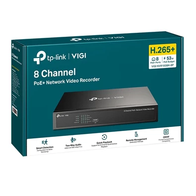 TP-Link VIGI NVR1008H-8P /8 csatorna/H265+/80Mbps rögzítés/1x SATA/8x PoE+ (53W) hálózati rögzítő (NVR)
