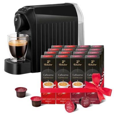 Tchibo Cafissimo Easy Black kapszulás kávéfőző +Caf. Espresso Elegant Aroma 8x10db + Caf. Espresso Intense Aroma 8x10db