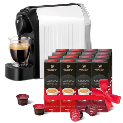 Tchibo Cafissimo Easy White kapszulás kávéfőző +Caf. Espresso Elegant Aroma 8x10db + Caf. Espresso Intense Aroma 8x10db