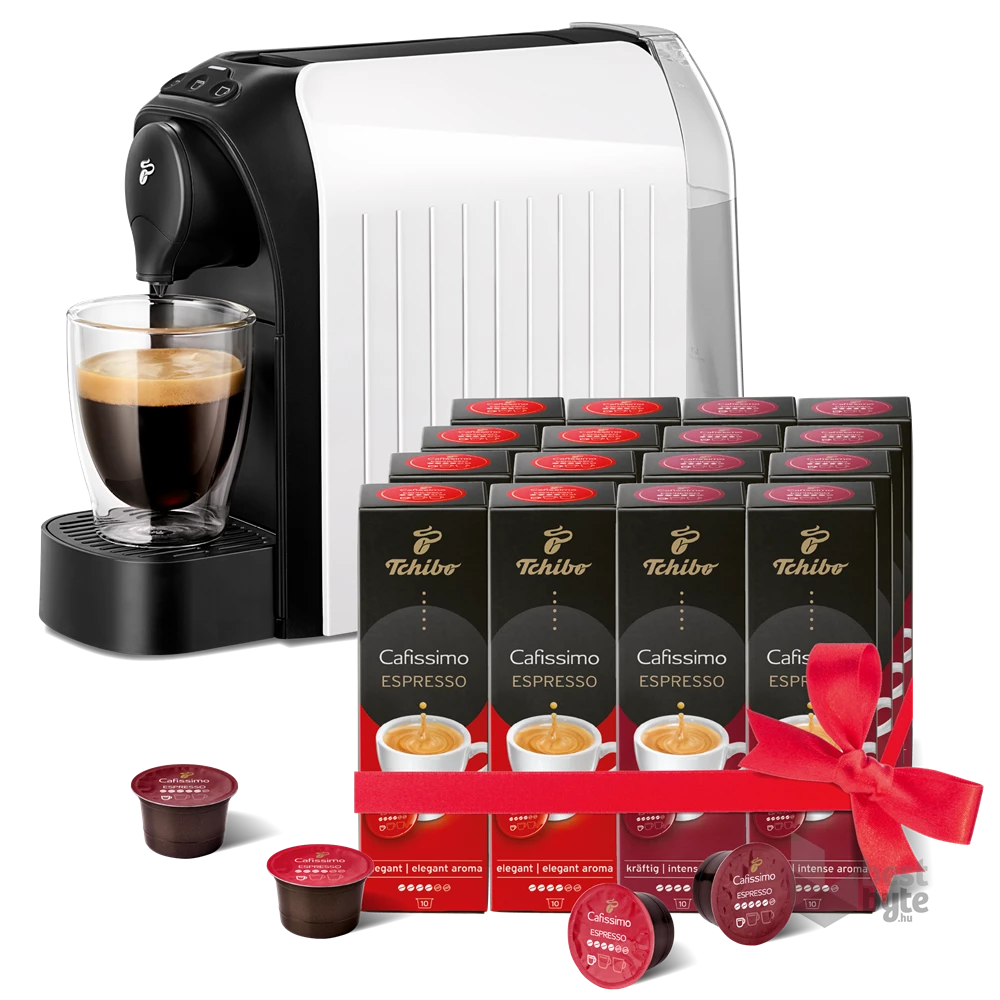Tchibo Cafissimo Easy White kapszulás kávéfőző +Caf. Espresso Elegant Aroma 8x10db + Caf. Espresso Intense Aroma 8x10db