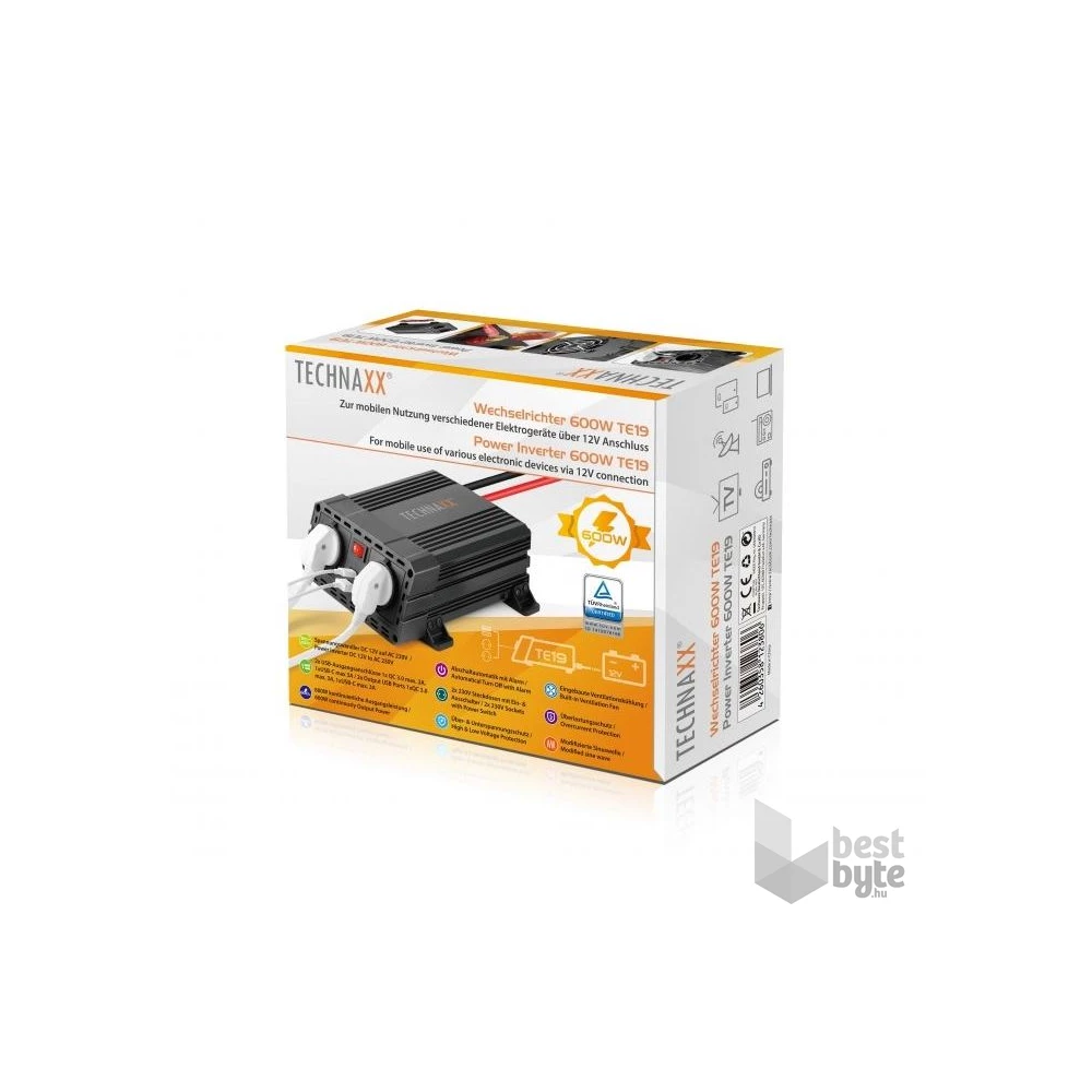 Technaxx TE19 600W 1xUSB-C 1xUSB 2x230V autós inverter