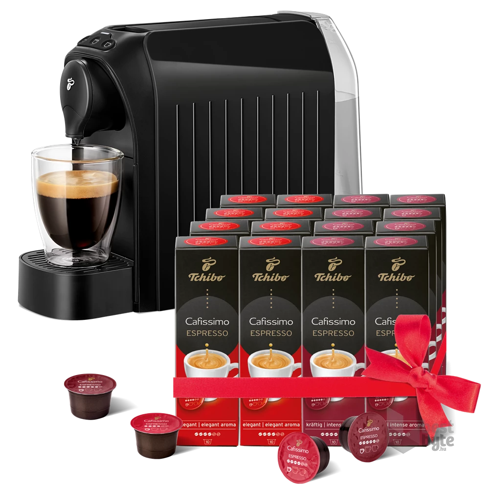 Tchibo Cafissimo Easy Black kapszulás kávéfőző +Caf. Espresso Elegant Aroma 8x10db + Caf. Espresso Intense Aroma 8x10db