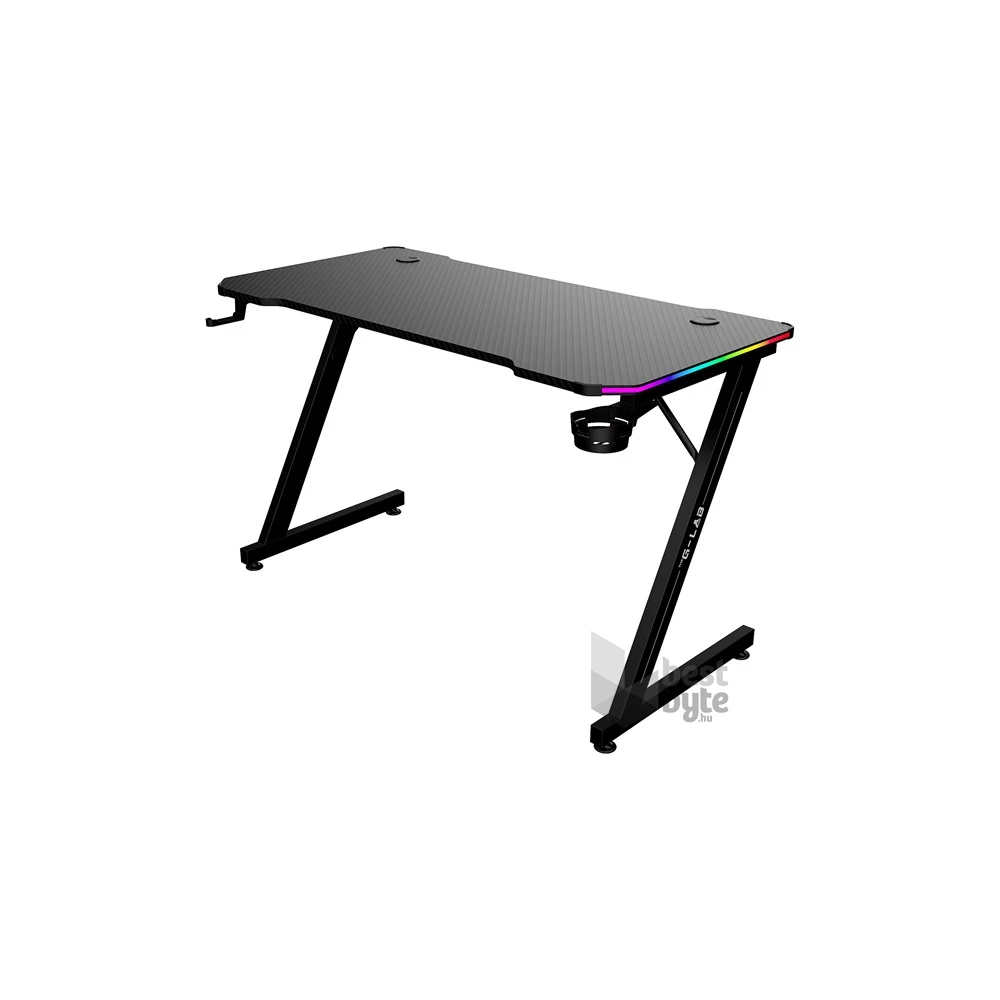 The G-Lab K DESK ELECTRON EX (120x60cm, fém, pohártartó, fejhallgatótartó, RGB LED) fekete gamer asztal