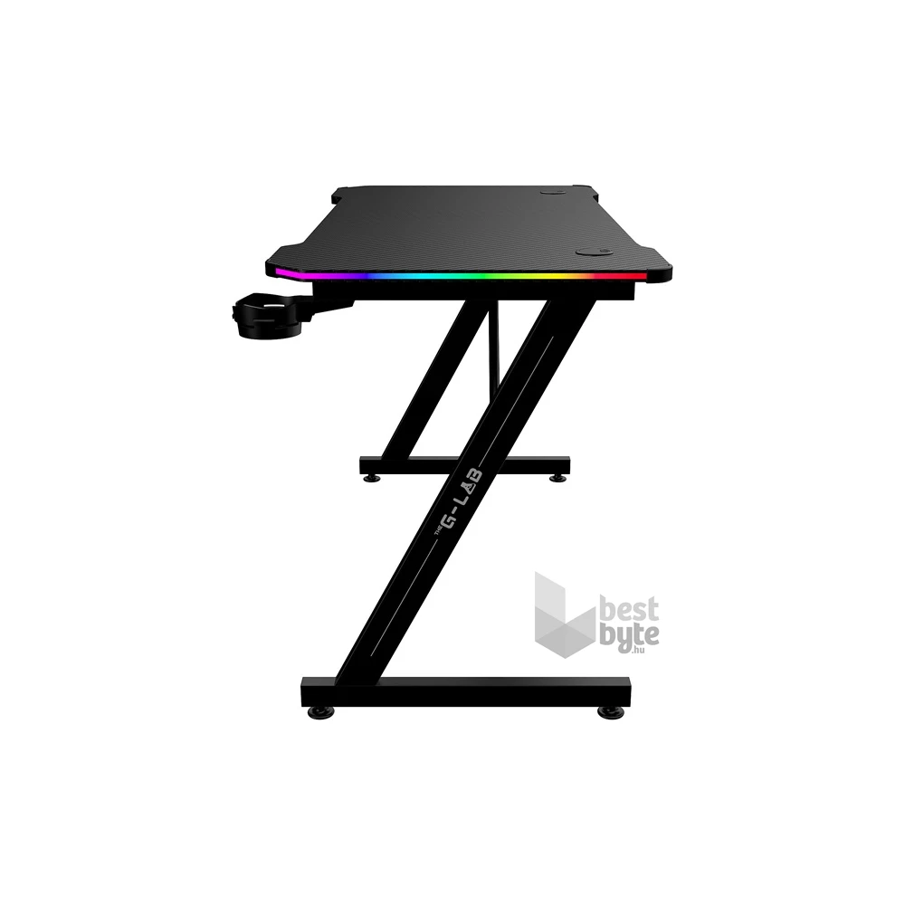 The G-Lab K DESK ELECTRON EX (120x60cm, fém, pohártartó, fejhallgatótartó, RGB LED) fekete gamer asztal
