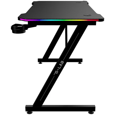 The G-Lab K DESK ELECTRON EX (120x60cm, fém, pohártartó, fejhallgatótartó, RGB LED) fekete gamer asztal