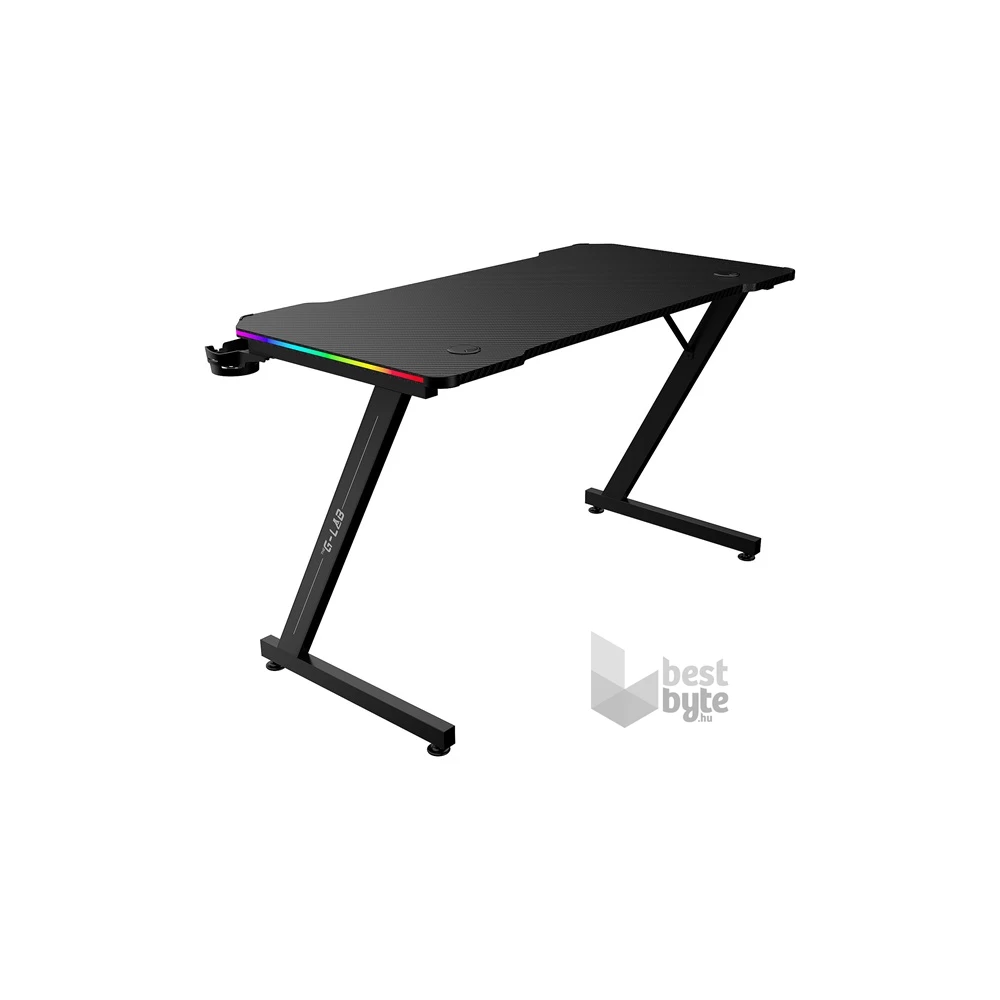 The G-Lab K DESK ELECTRON EX (120x60cm, fém, pohártartó, fejhallgatótartó, RGB LED) fekete gamer asztal