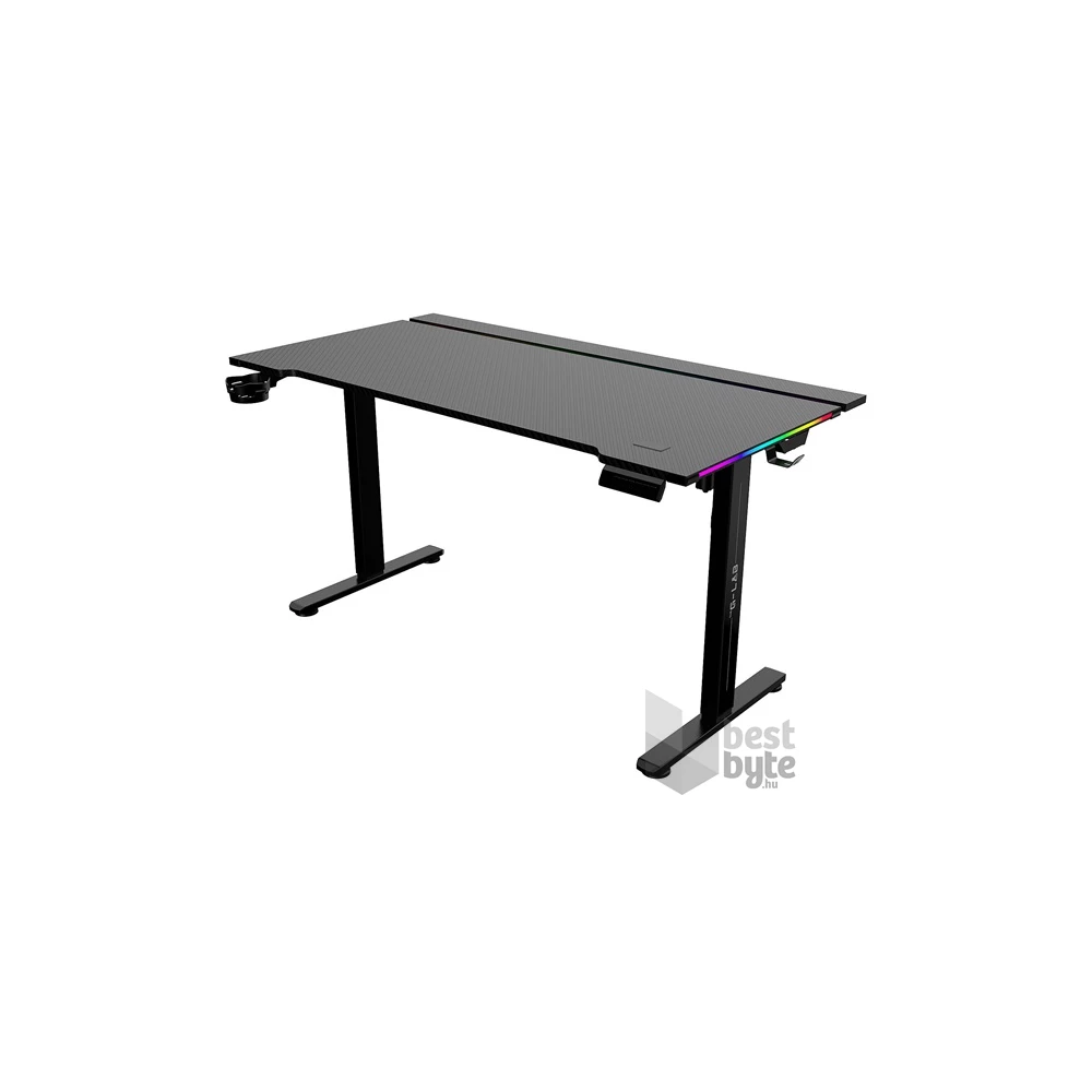 The G-Lab K DESK PLATINIUM (140x75cm, fém, pohár, fejhallgatótartó, motoros magasság áll., RGB) fekete gamer asztal