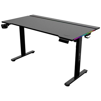 The G-Lab K DESK PLATINIUM (140x75cm, fém, pohár, fejhallgatótartó, motoros magasság áll., RGB) fekete gamer asztal