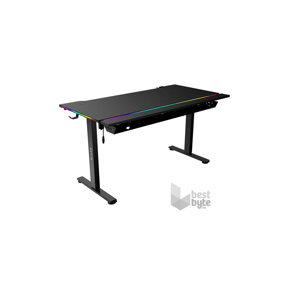 The G-Lab K DESK PLATINIUM (140x75cm, fém, pohár, fejhallgatótartó, motoros magasság áll., RGB) fekete gamer asztal