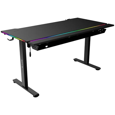 The G-Lab K DESK PLATINIUM (140x75cm, fém, pohár, fejhallgatótartó, motoros magasság áll., RGB) fekete gamer asztal
