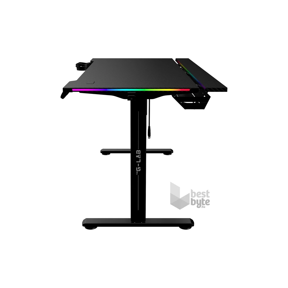 The G-Lab K DESK PLATINIUM (140x75cm, fém, pohár, fejhallgatótartó, motoros magasság áll., RGB) fekete gamer asztal