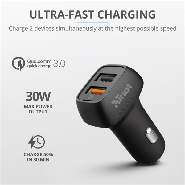 Trust Qmax Ultra-Fast Dual USB QC3 autós töltő okostelefonokhoz és tabletekhez 2 USB port 30W fekete