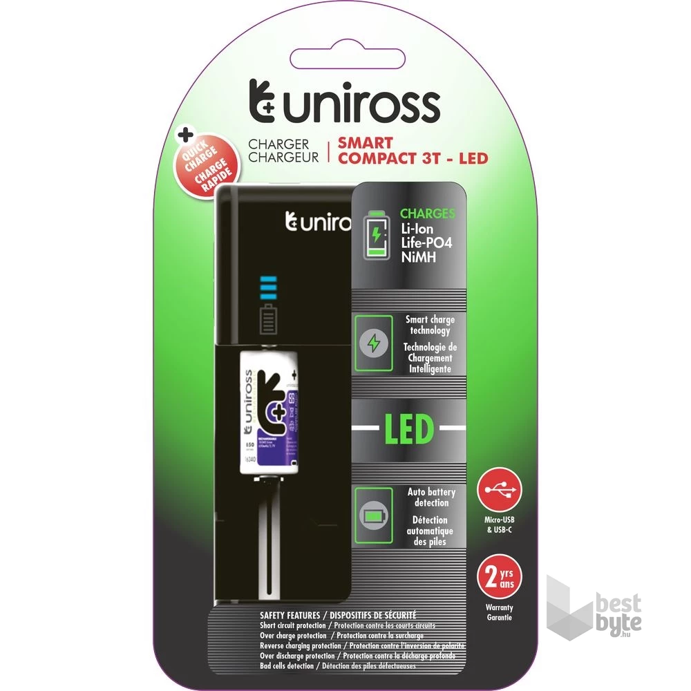 Uniross UCX006 Li-ion/Ni-MH/LiFePo4 kompakt LED akku gyorstöltő
