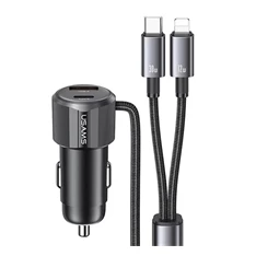 Usams CC287CC01 66W PD USB/Type-C fekete autós töltő + fix Type-C - Lightning kábel Usams CC287CC01 66W PD USB/Type-C fekete autós töltő + fix Type-C - Lightning kábel