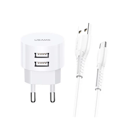 Usams XTXLOGT18TC05 2xUSB fehér hálózati töltő + Type-C kábel