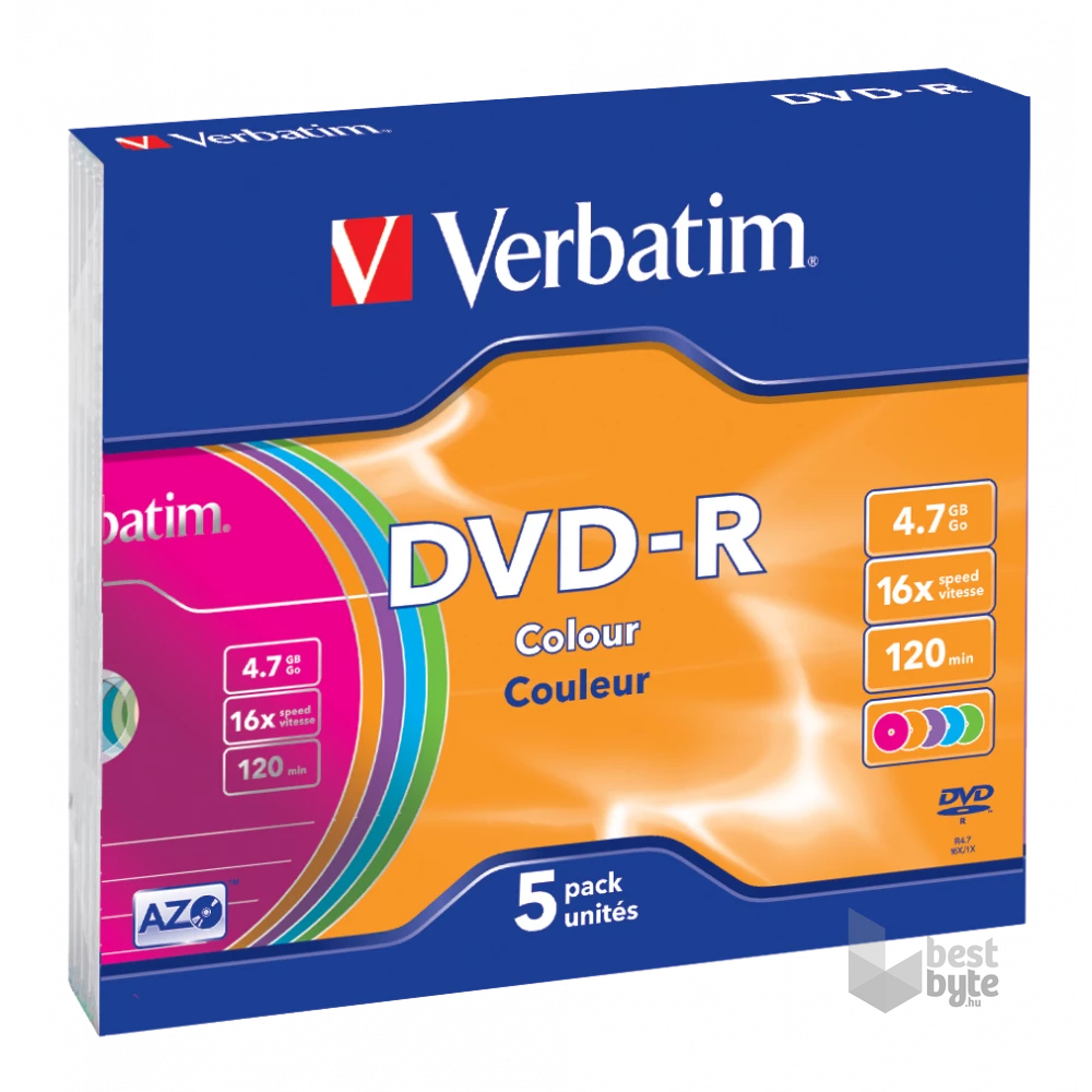 VERBATIM 43557 DVD-R 4,7GB/16x/színes írható felület/egyszer írható DVD 5db/csomag