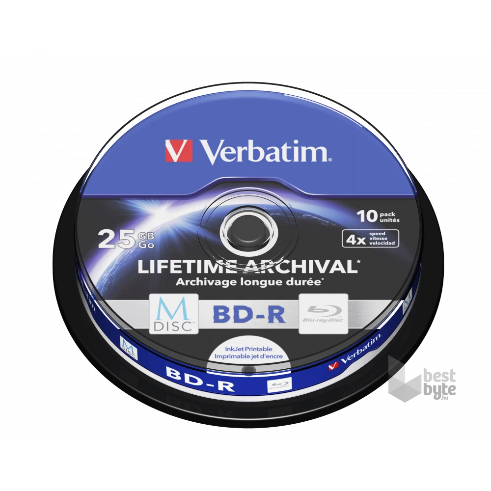 VERBATIM 43825 M-DISC BD-R 25GB/lifetime archival/4x/nyomtatható felület/egyszer írható Blu-Ray 10db/csomag