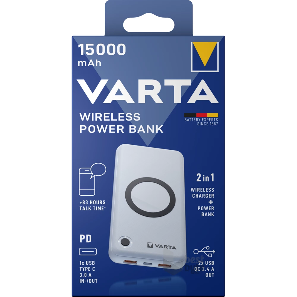 Varta 57908101111 hordozható 15000mAh vezeték nélküli töltő power bank