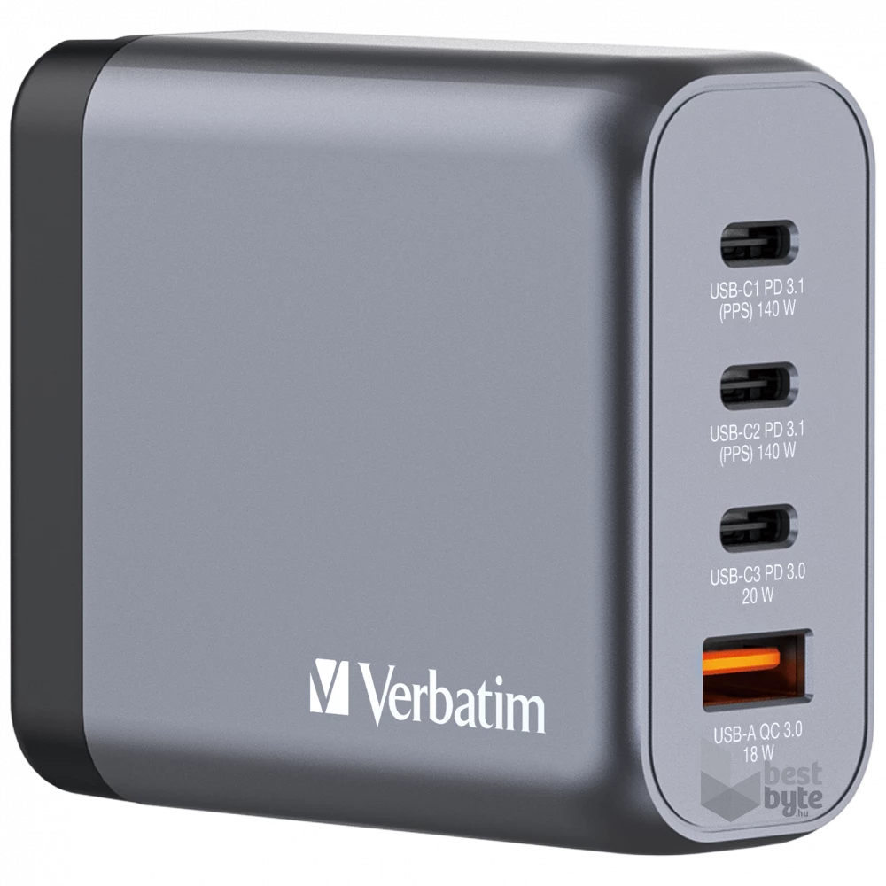 Verbatim 32203 GNC-140 GaN Charger 140W USB Type-A + 3xType-C hálózati töltő adapter