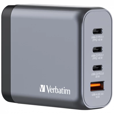 Verbatim 32203 GNC-140 GaN Charger 140W USB Type-A + 3xType-C hálózati töltő adapter