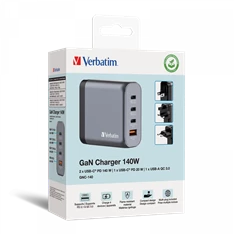 Verbatim 32203 GNC-140 GaN Charger 140W USB Type-A + 3xType-C hálózati töltő adapter